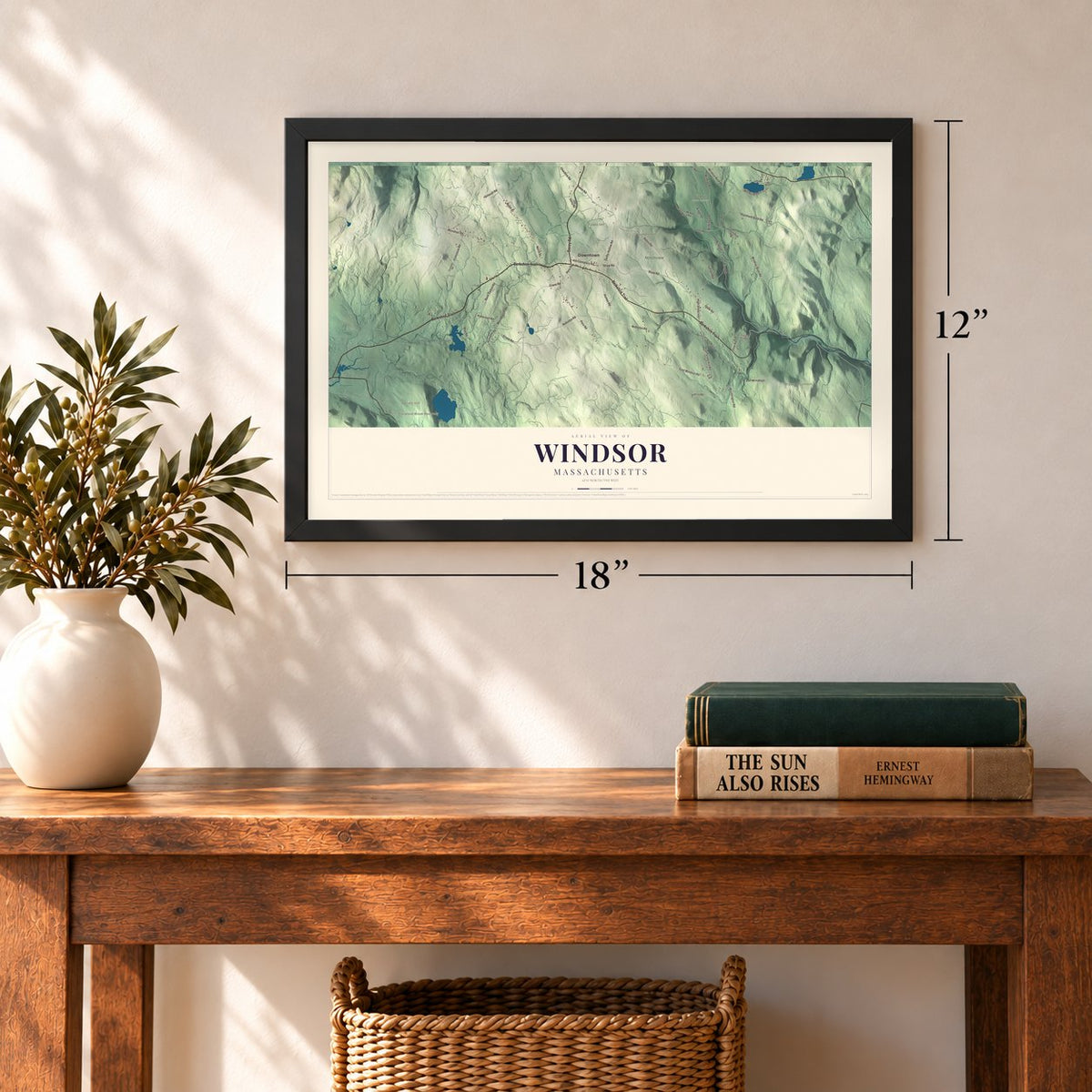 Windsor, Massachusetts map, 12 x 18 inch print in a black frame in an entryway