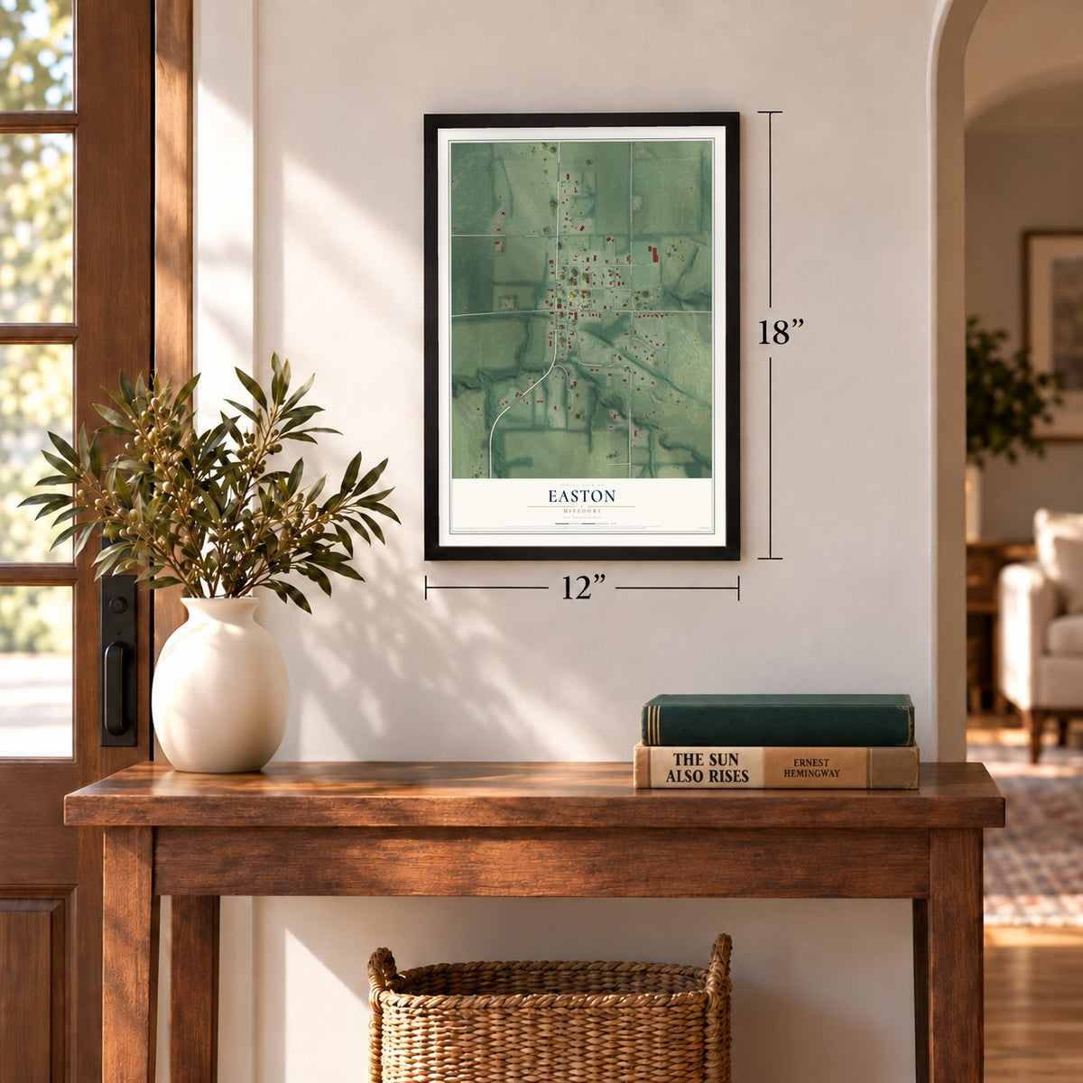 Easton, Missouri map, 12 x 18 inch print in a black frame in an entryway