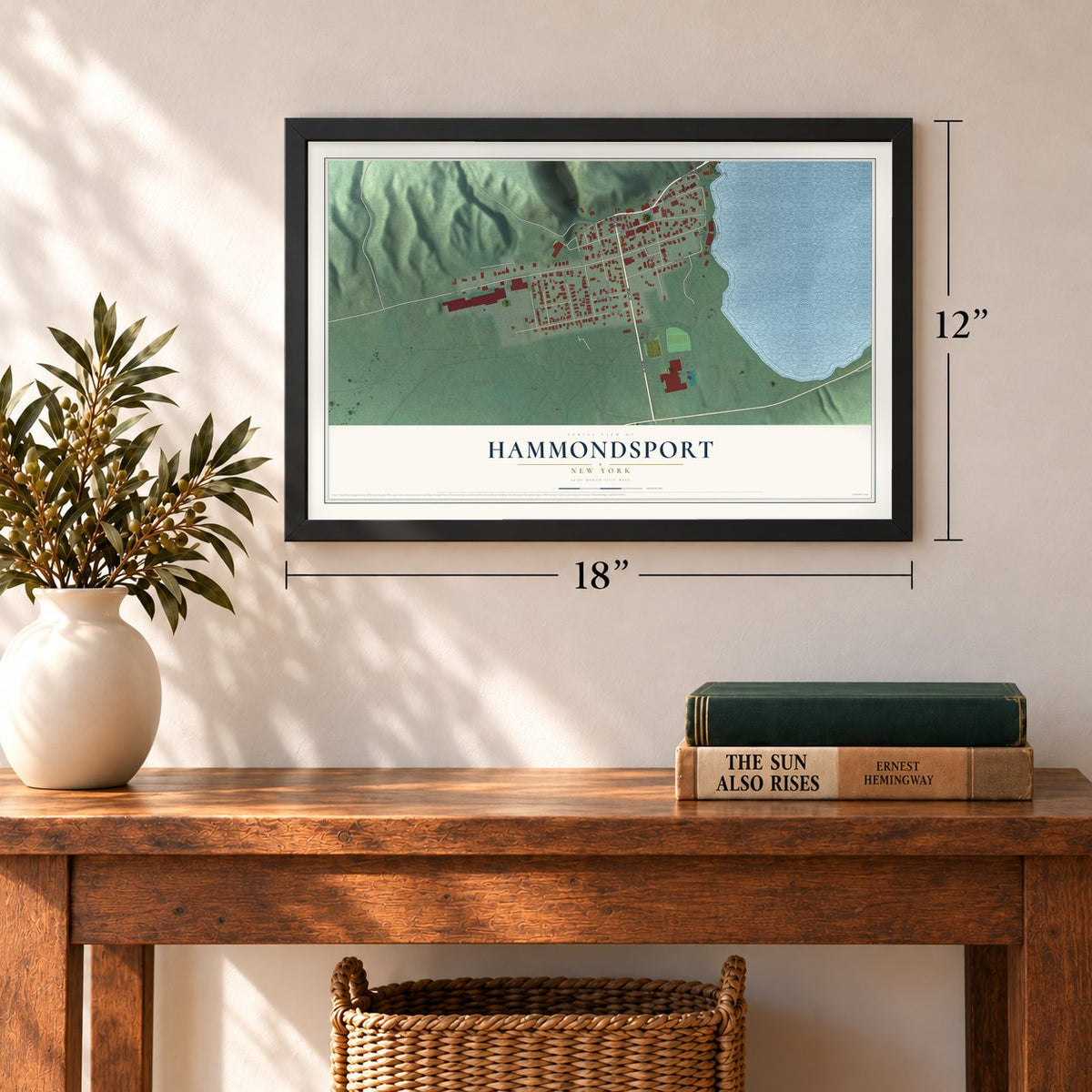 Hammondsport, New York map, 12 x 18 inch print in a black frame in an entryway