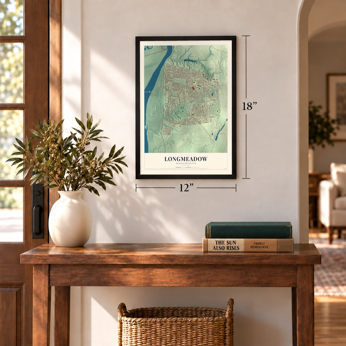 Longmeadow, Massachusetts map, 12 x 18 inch print in a black frame in an entryway