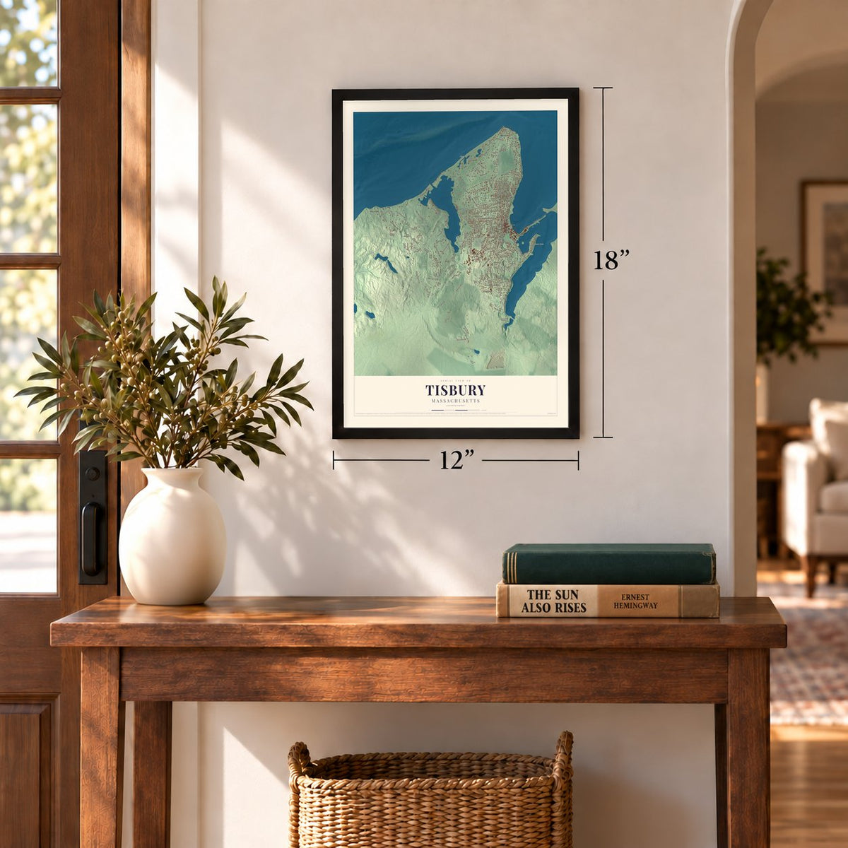 Tisbury, Massachusetts map, 12 x 18 inch print in a black frame in an entryway
