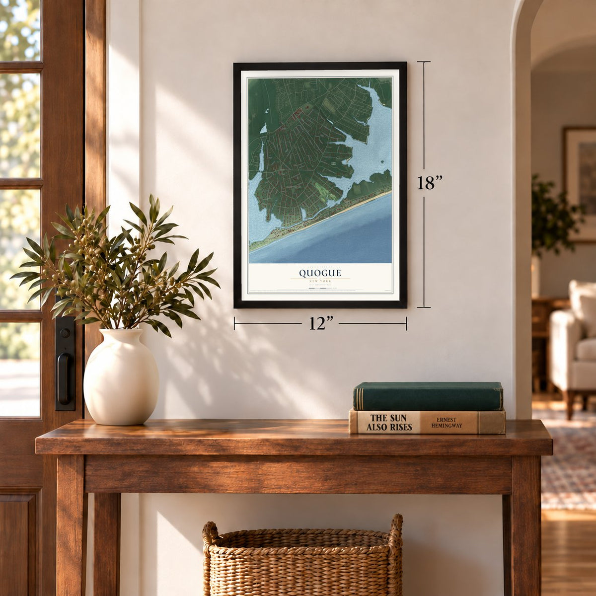 Quogue, New York map, 12 x 18 inch print in a black frame in an entryway