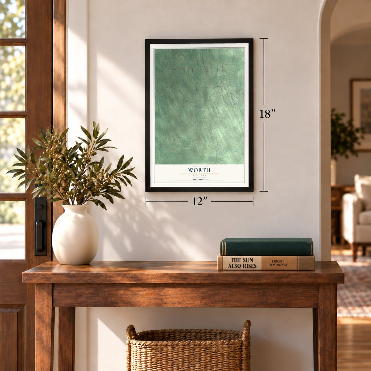 Worth, New York map, 12 x 18 inch print in a black frame in an entryway