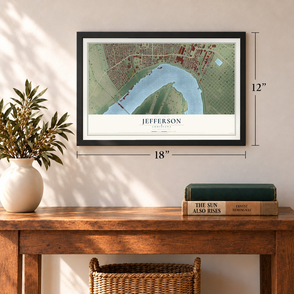 Jefferson, Louisiana map, 12 x 18 inch print in a black frame in an entryway