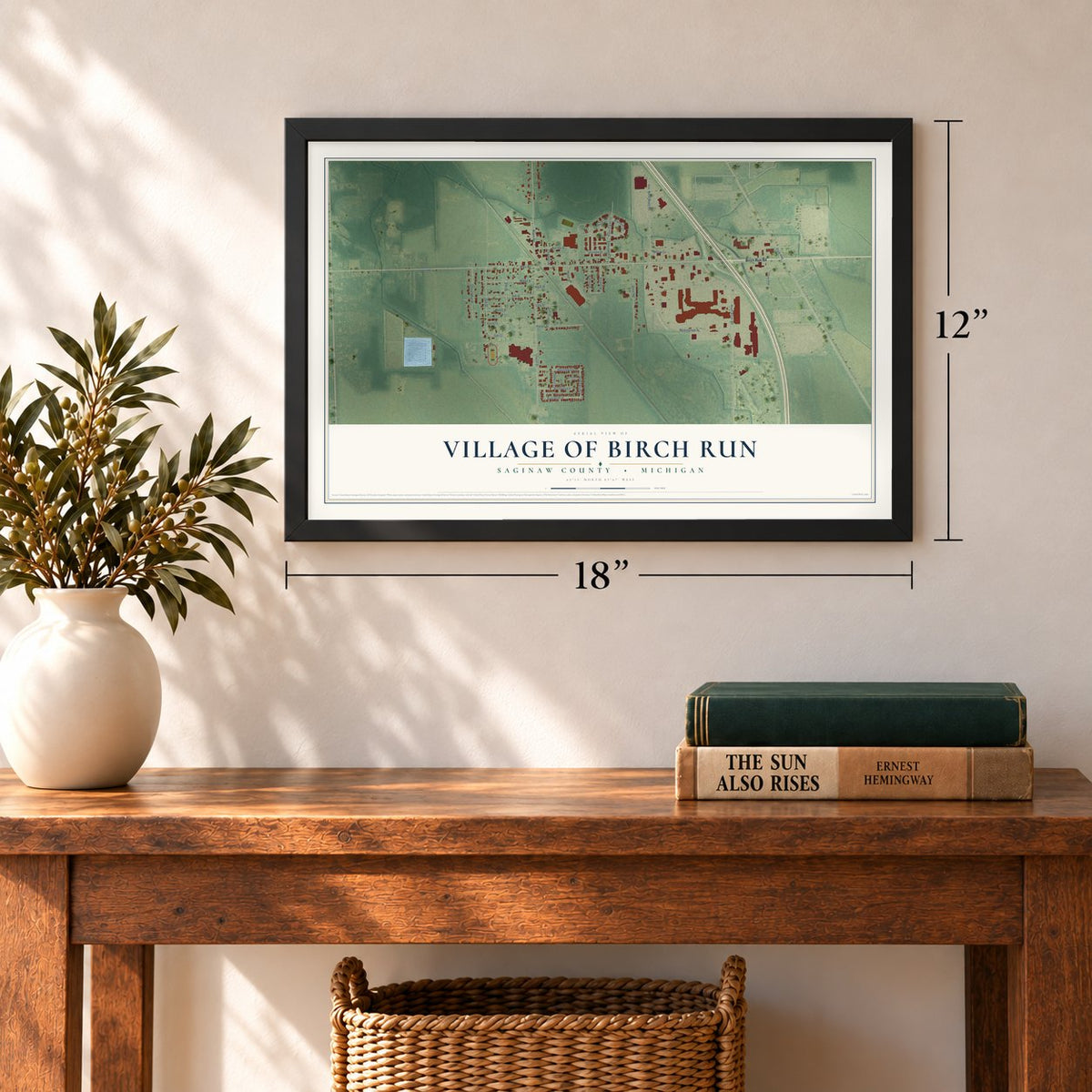 Birch Run, Michigan map, 12 x 18 inch print in a black frame in an entryway