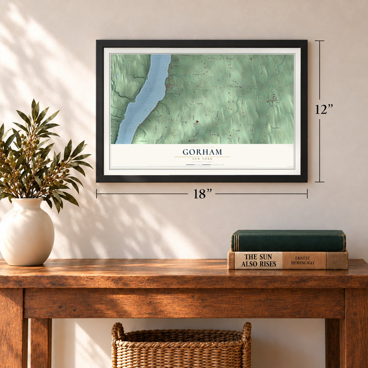 Gorham, New York map, 12 x 18 inch print in a black frame in an entryway