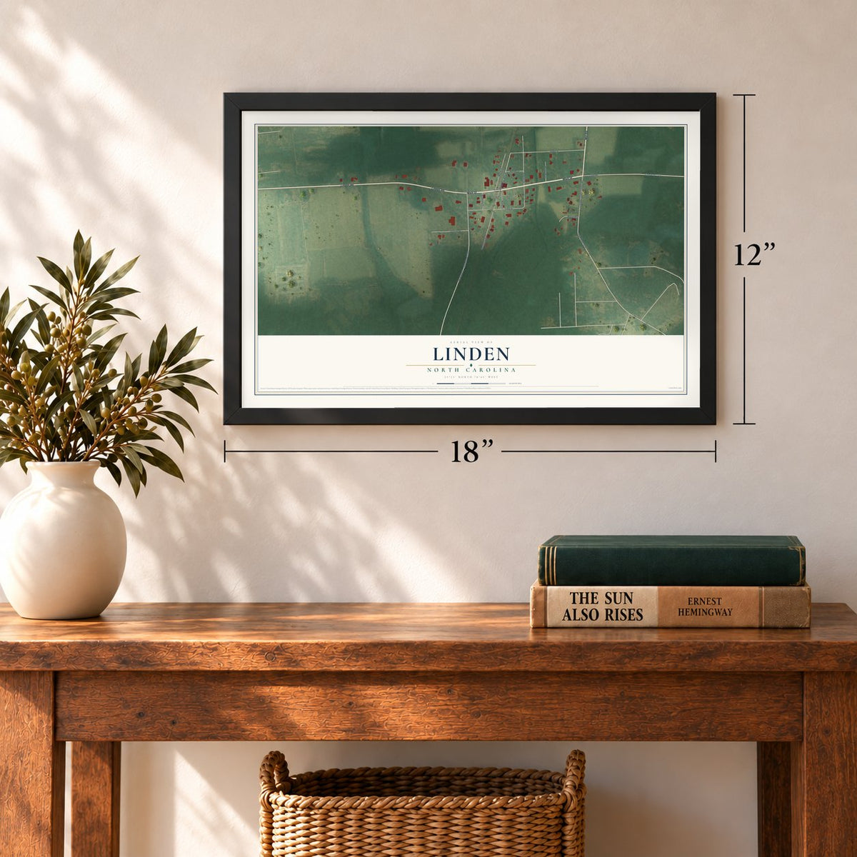 Linden, North Carolina map, 12 x 18 inch print in a black frame in an entryway