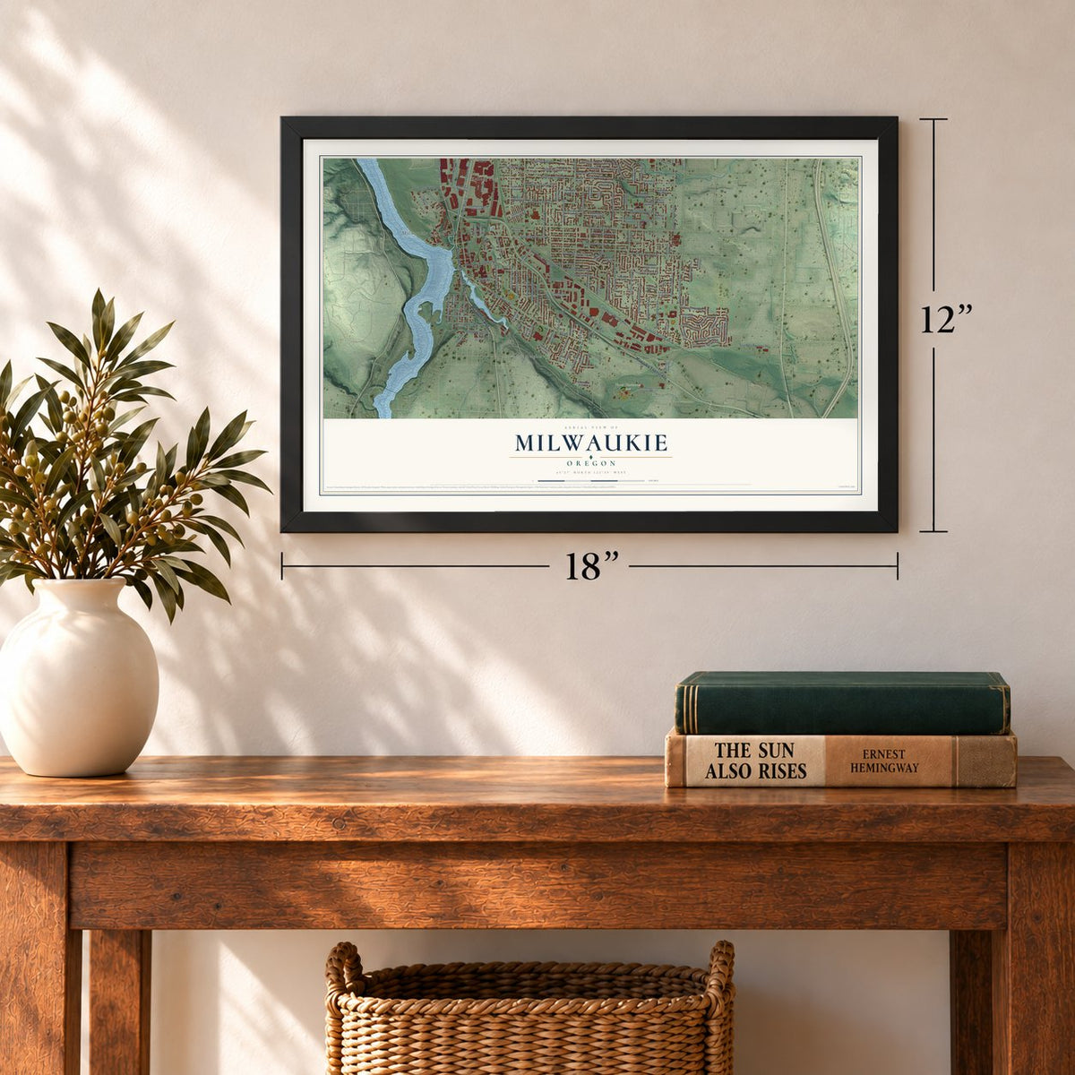 Milwaukie, Oregon map, 12 x 18 inch print in a black frame in an entryway