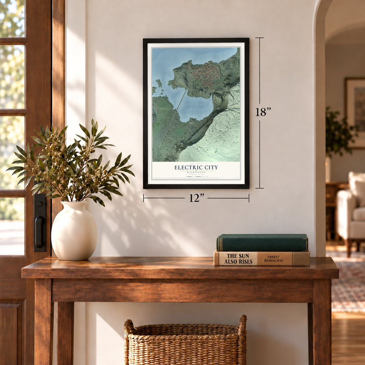 Electric City, Washington map, 12 x 18 inch print in a black frame in an entryway