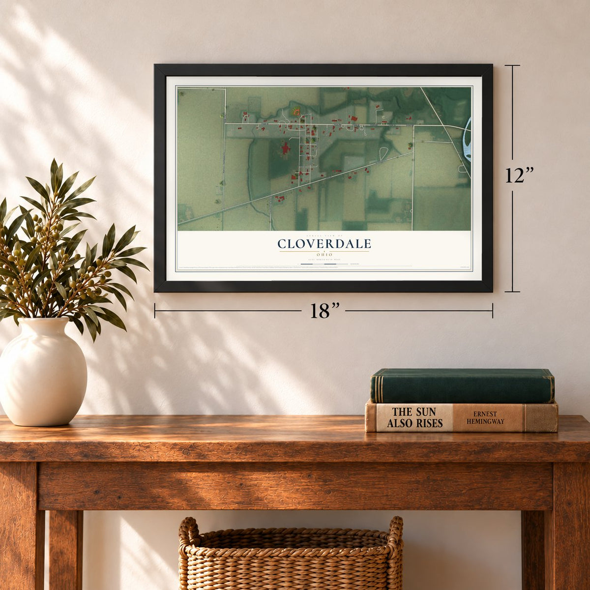 Cloverdale, Ohio map, 12 x 18 inch print in a black frame in an entryway