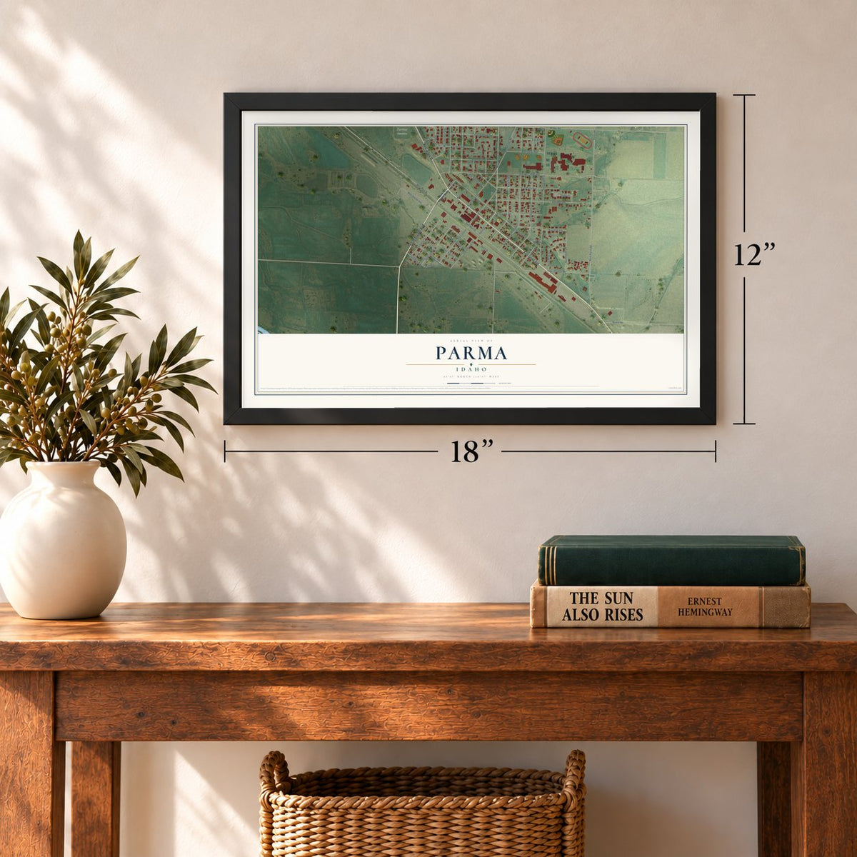 Parma, Idaho map, 12 x 18 inch print in a black frame in an entryway