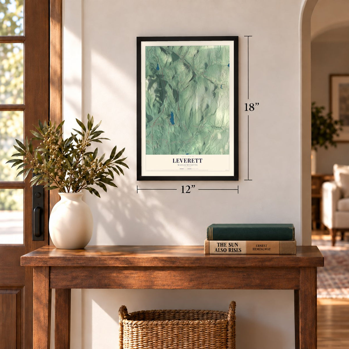 Leverett, Massachusetts map, 12 x 18 inch print in a black frame in an entryway