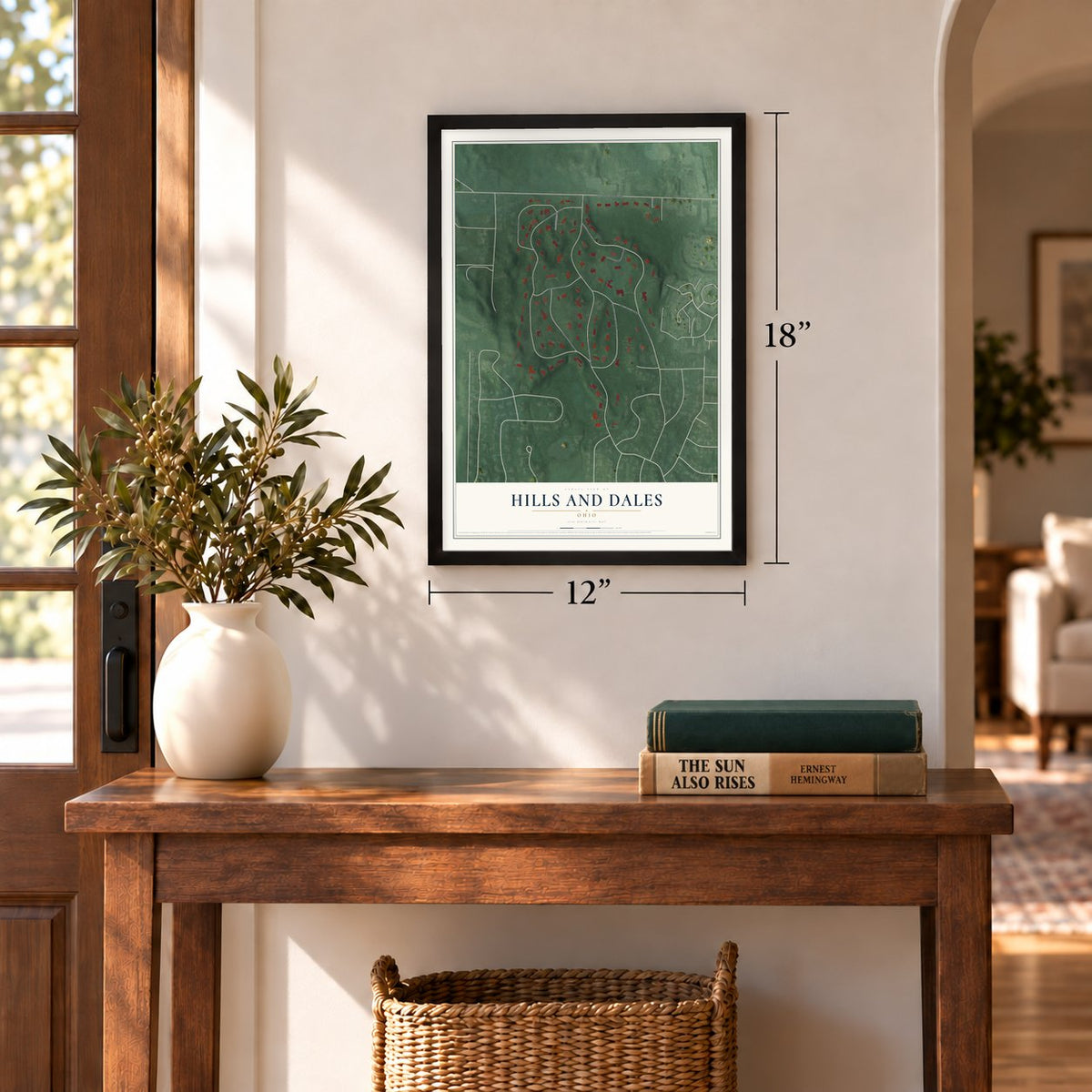 Hills and Dales, Ohio map, 12 x 18 inch print in a black frame in an entryway
