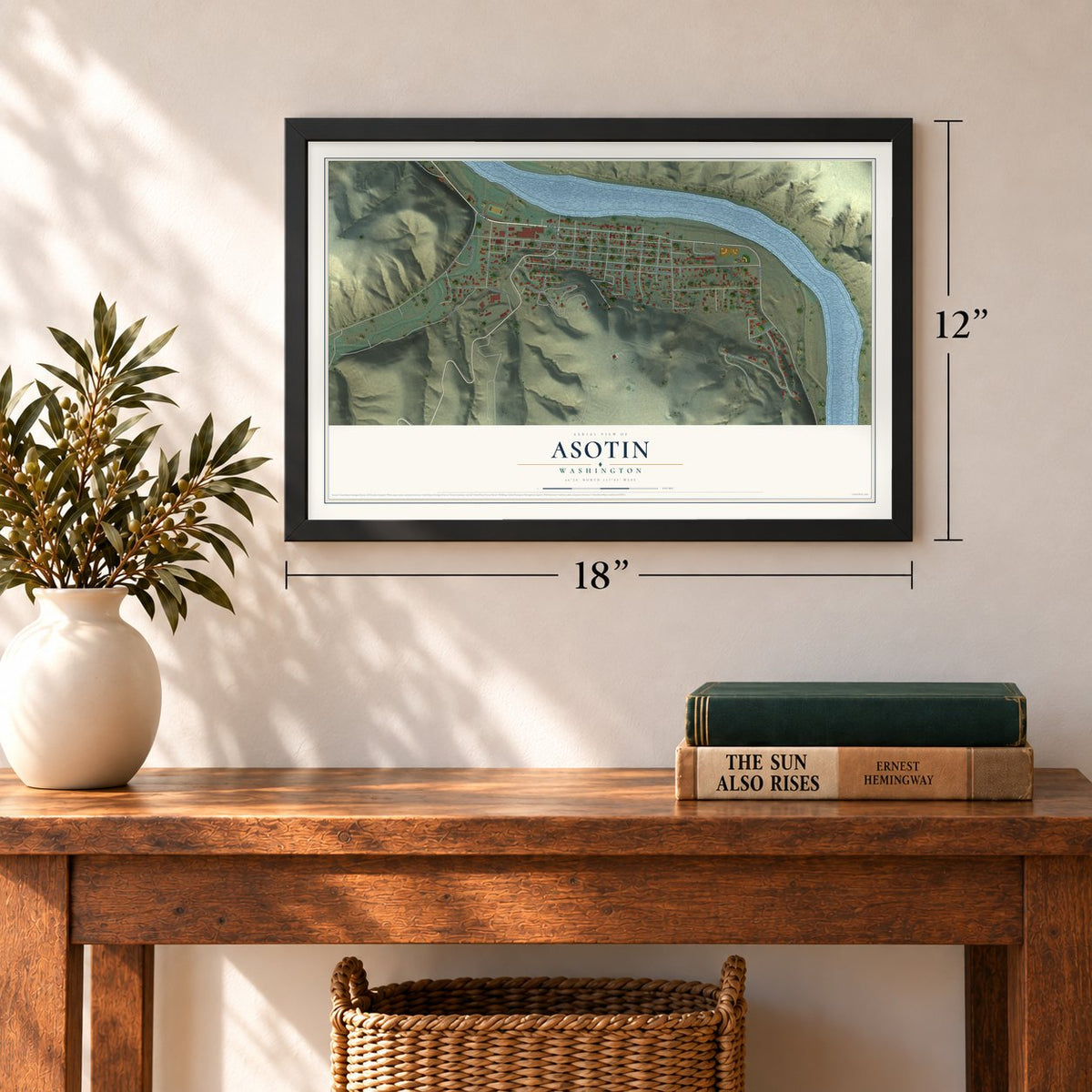 Asotin, Washington map, 12 x 18 inch print in a black frame in an entryway