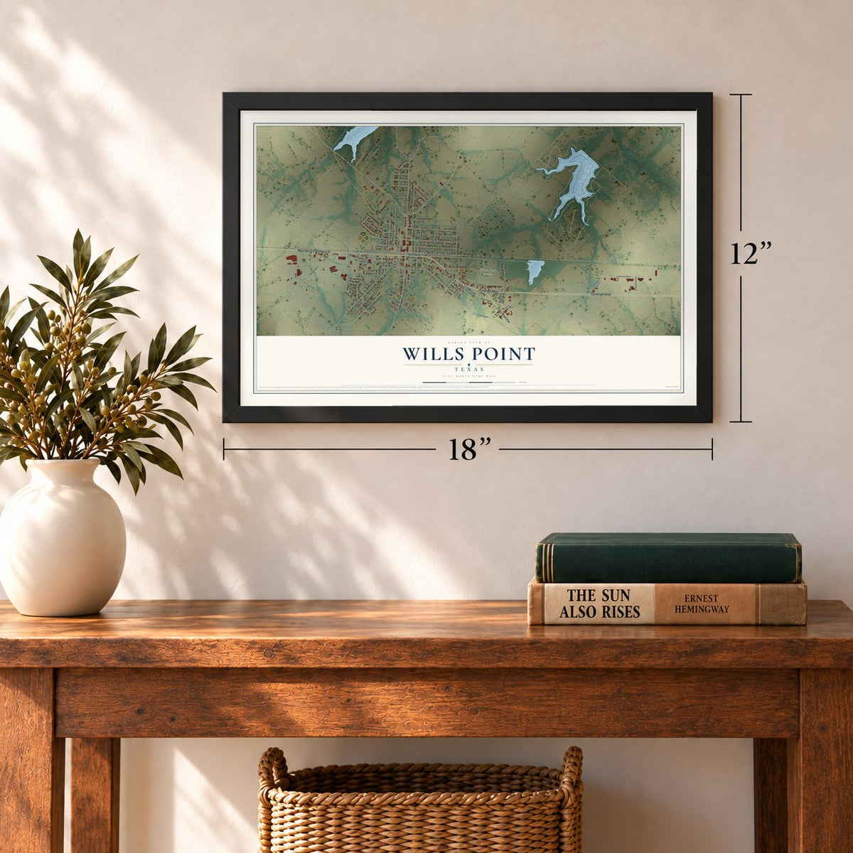 Wills Point, Texas map, 12 x 18 inch print in a black frame in an entryway
