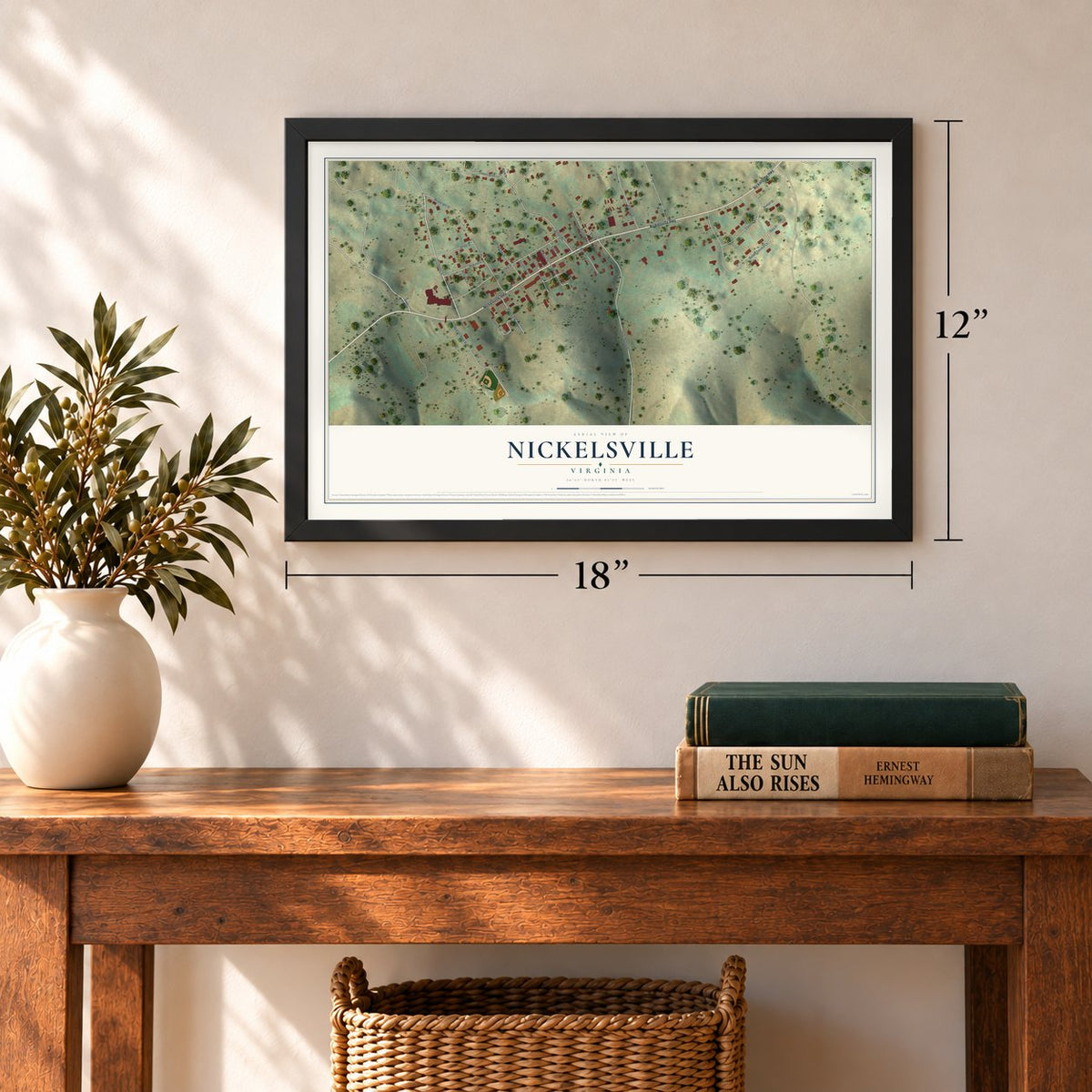Nickelsville, Virginia map, 12 x 18 inch print in a black frame in an entryway