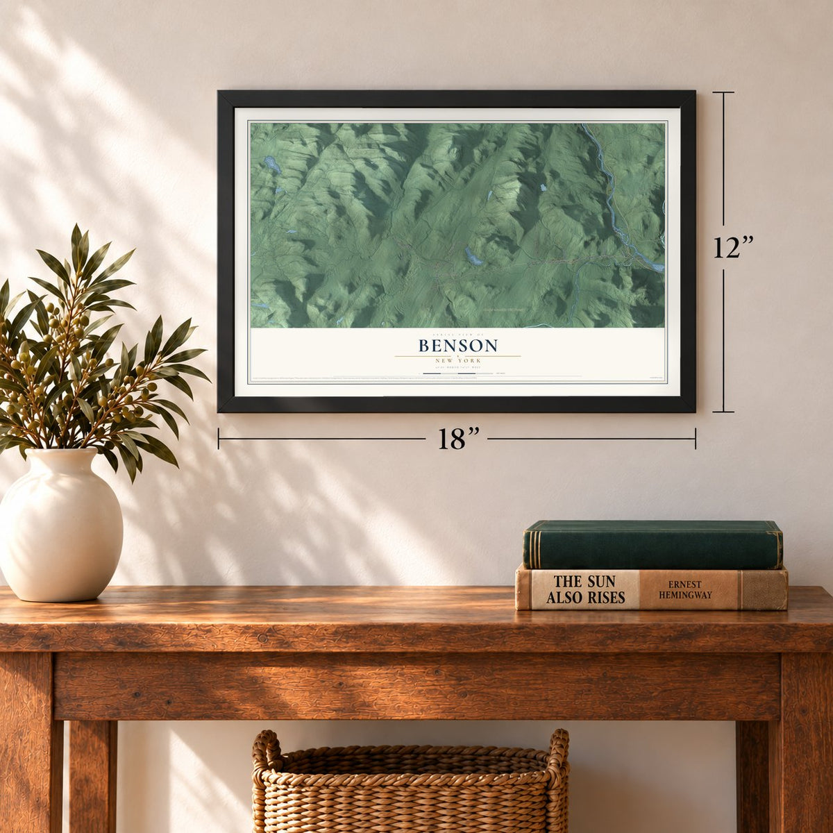 Benson, New York map, 12 x 18 inch print in a black frame in an entryway