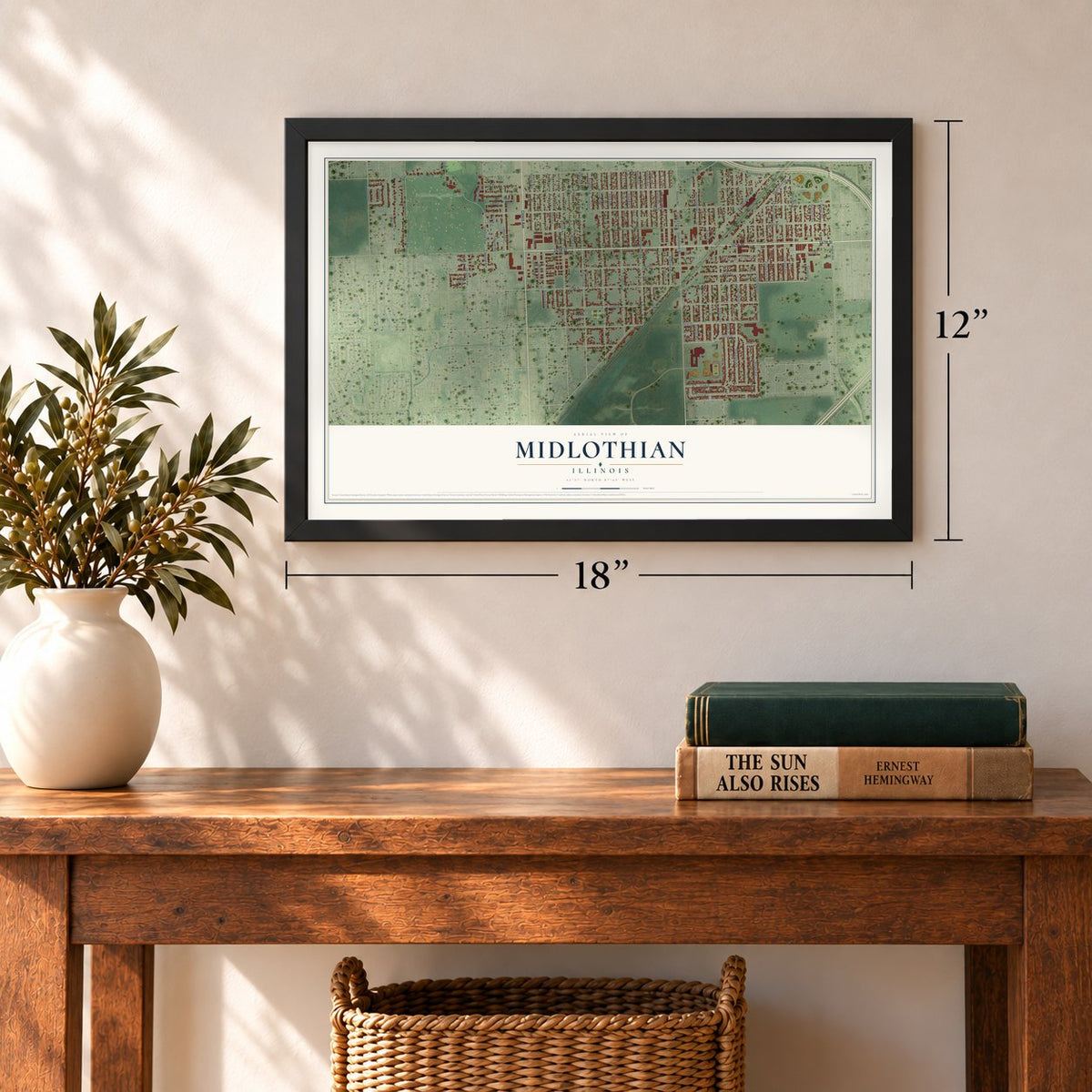 Midlothian, Illinois map, 12 x 18 inch print in a black frame in an entryway