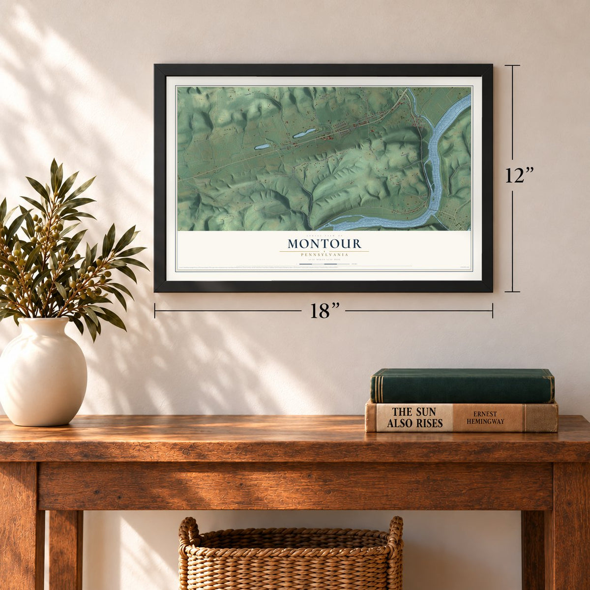 Montour, Pennsylvania map, 12 x 18 inch print in a black frame in an entryway