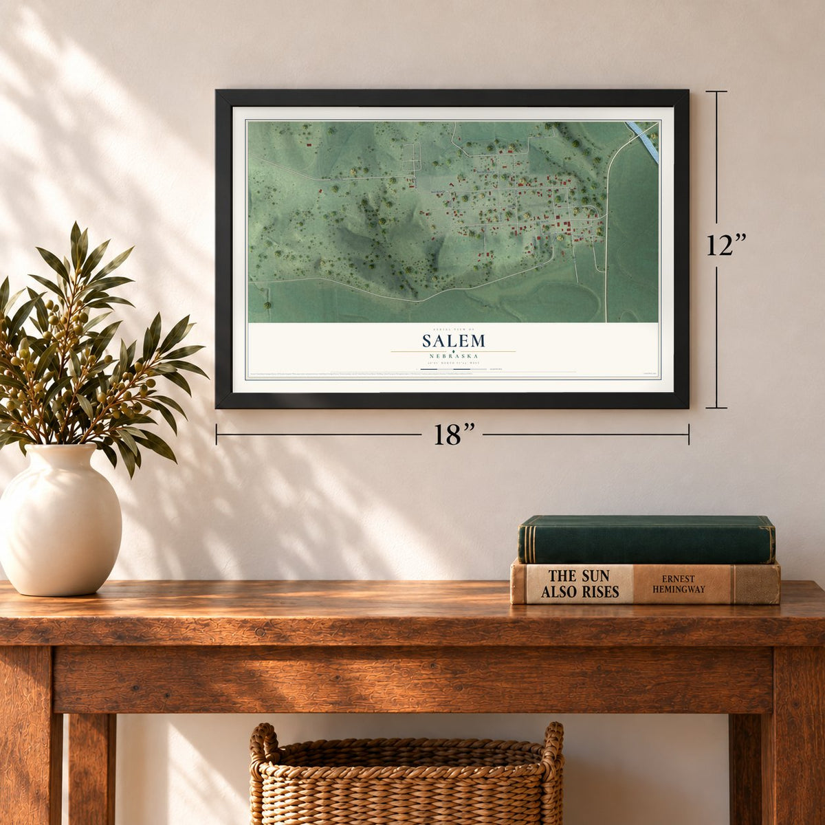Salem, Nebraska map, 12 x 18 inch print in a black frame in an entryway