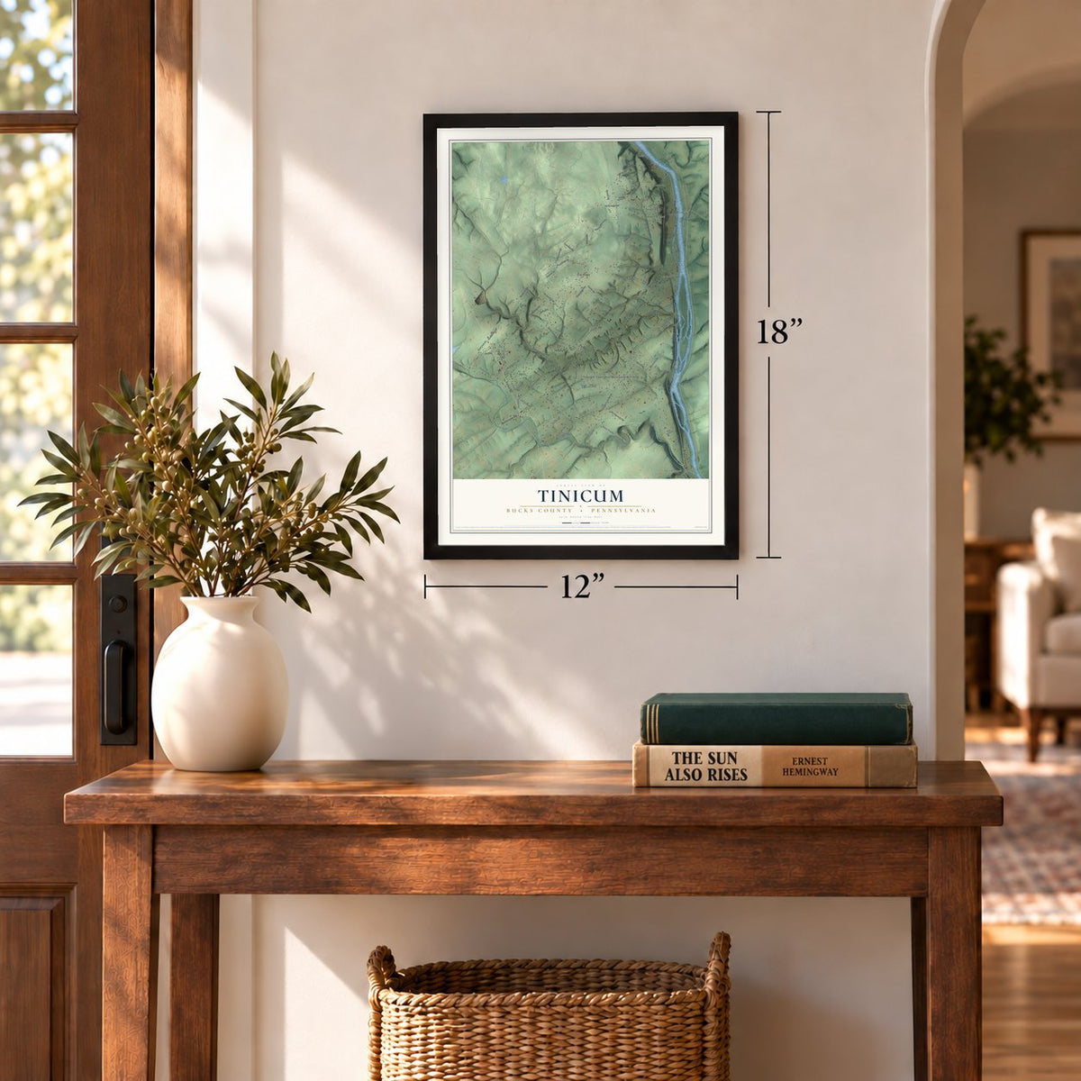 Tinicum, Bucks County, Pennsylvania map, 12 x 18 inch print in a black frame in an entryway