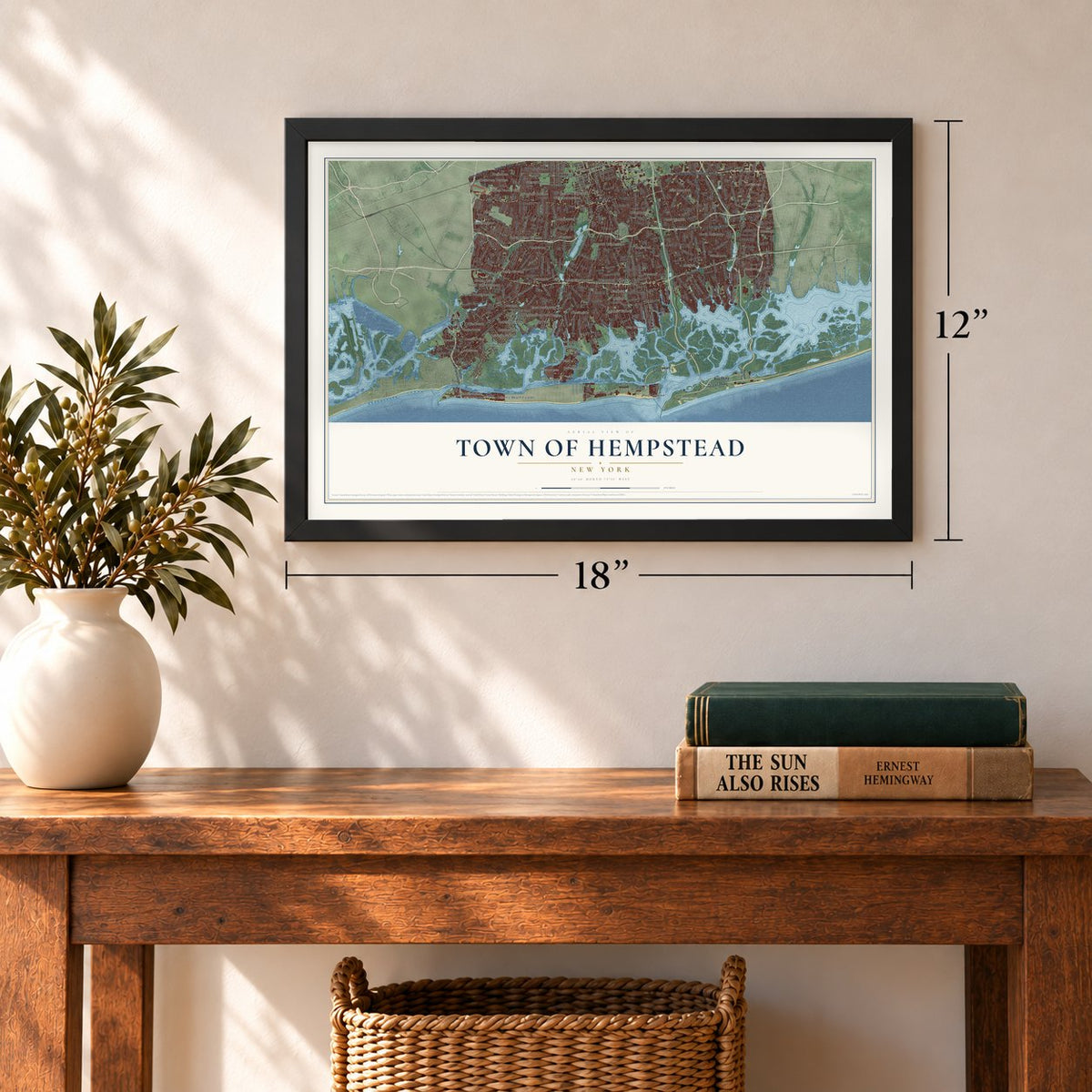 Town of Hempstead, New York map, 12 x 18 inch print in a black frame in an entryway
