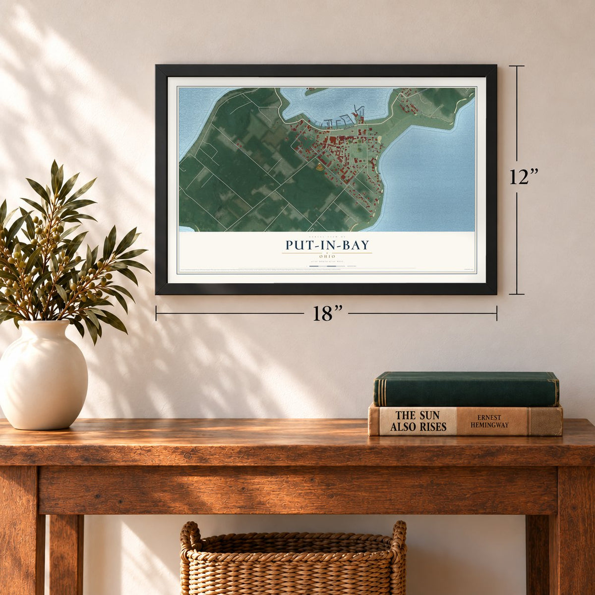 Put-in-Bay, Ohio map, 12 x 18 inch print in a black frame in an entryway
