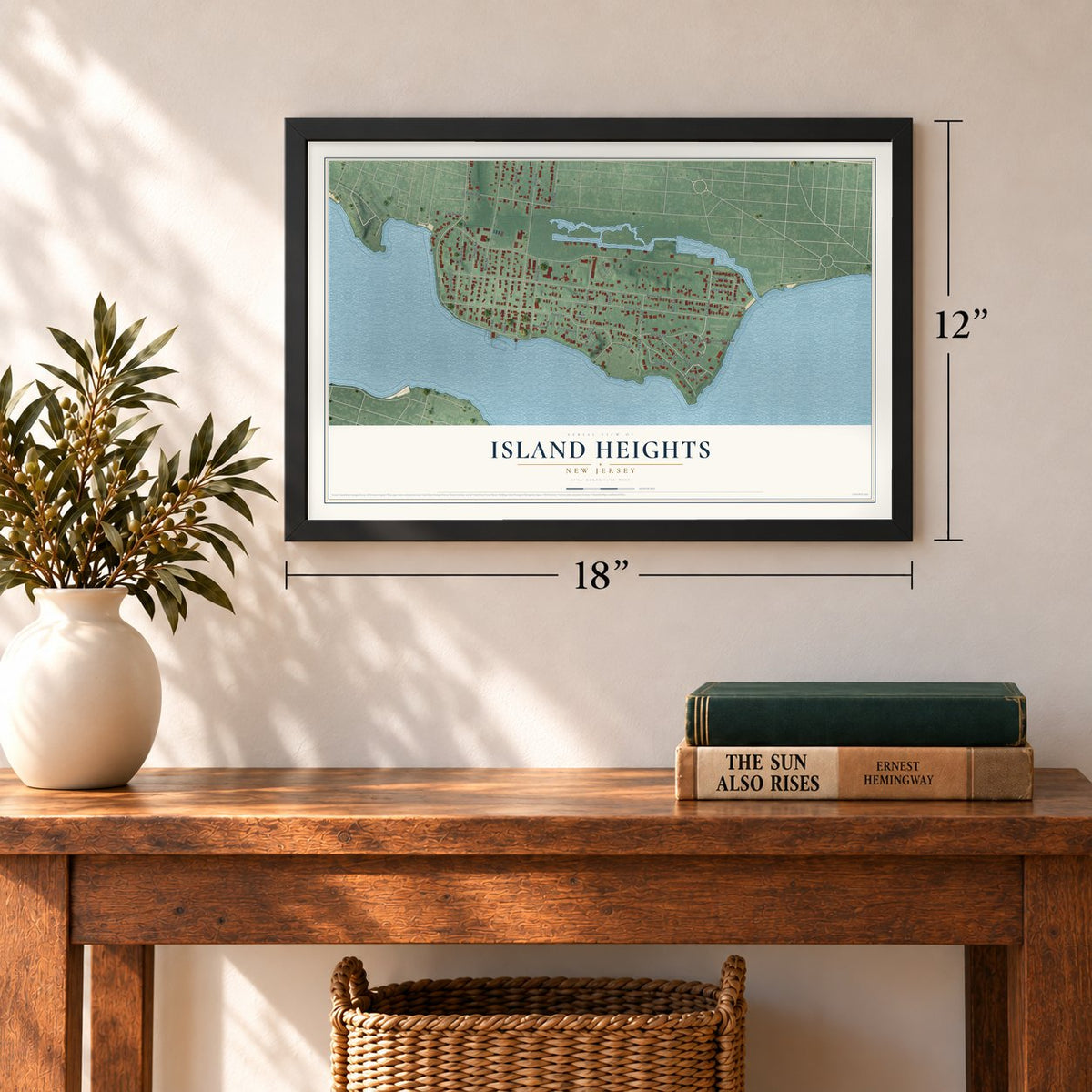 Island Heights, New Jersey map, 12 x 18 inch print in a black frame in an entryway
