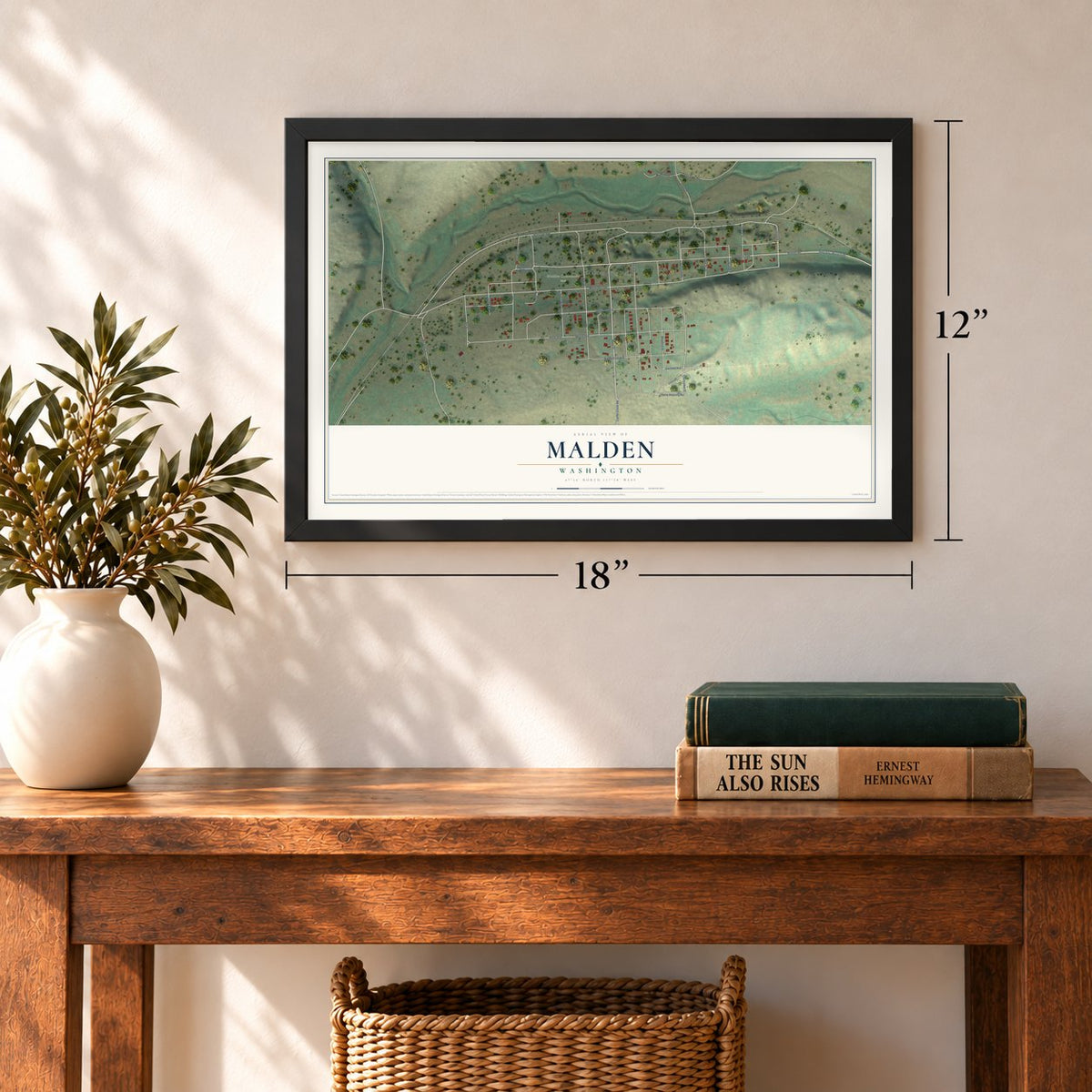 Malden, Washington map, 12 x 18 inch print in a black frame in an entryway