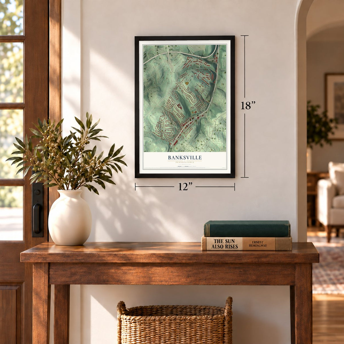 Banksville, Pennsylvania map, 12 x 18 inch print in a black frame in an entryway