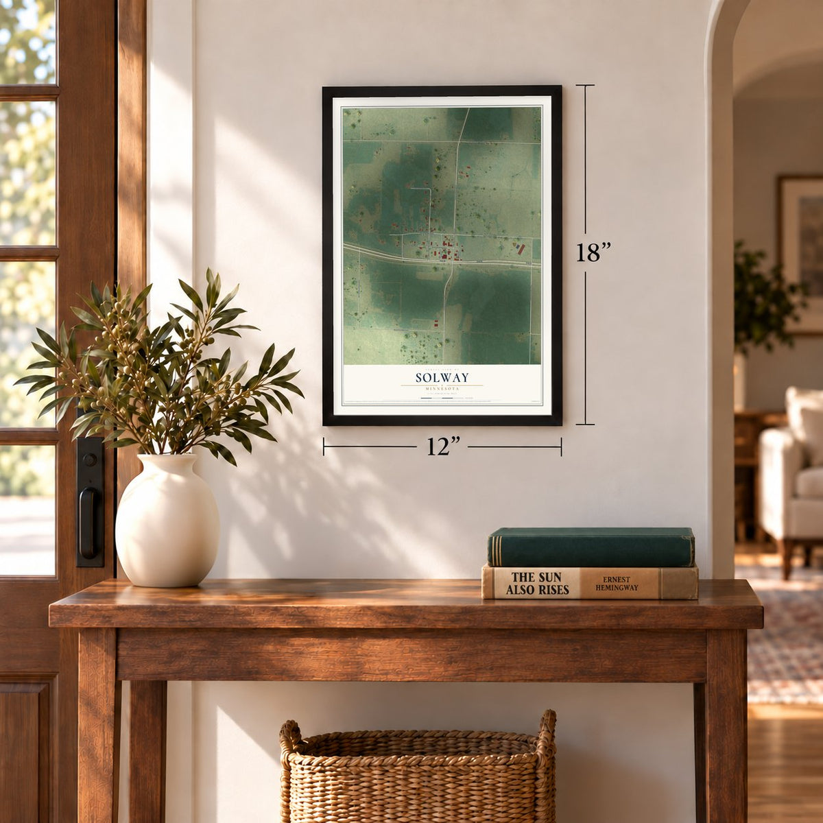 Solway, Minnesota map, 12 x 18 inch print in a black frame in an entryway