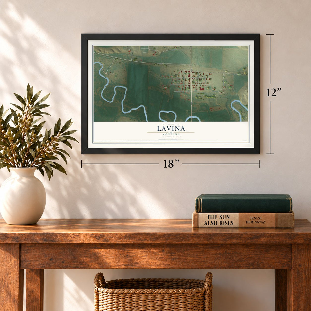 Lavina, Montana map, 12 x 18 inch print in a black frame in an entryway