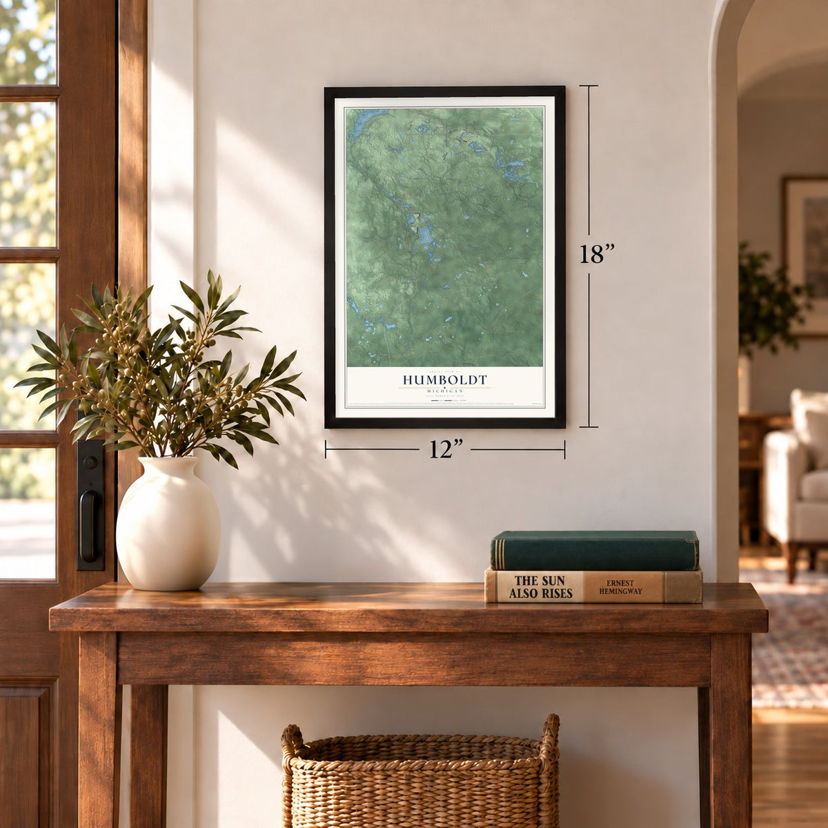 Humboldt, Michigan map, 12 x 18 inch print in a black frame in an entryway