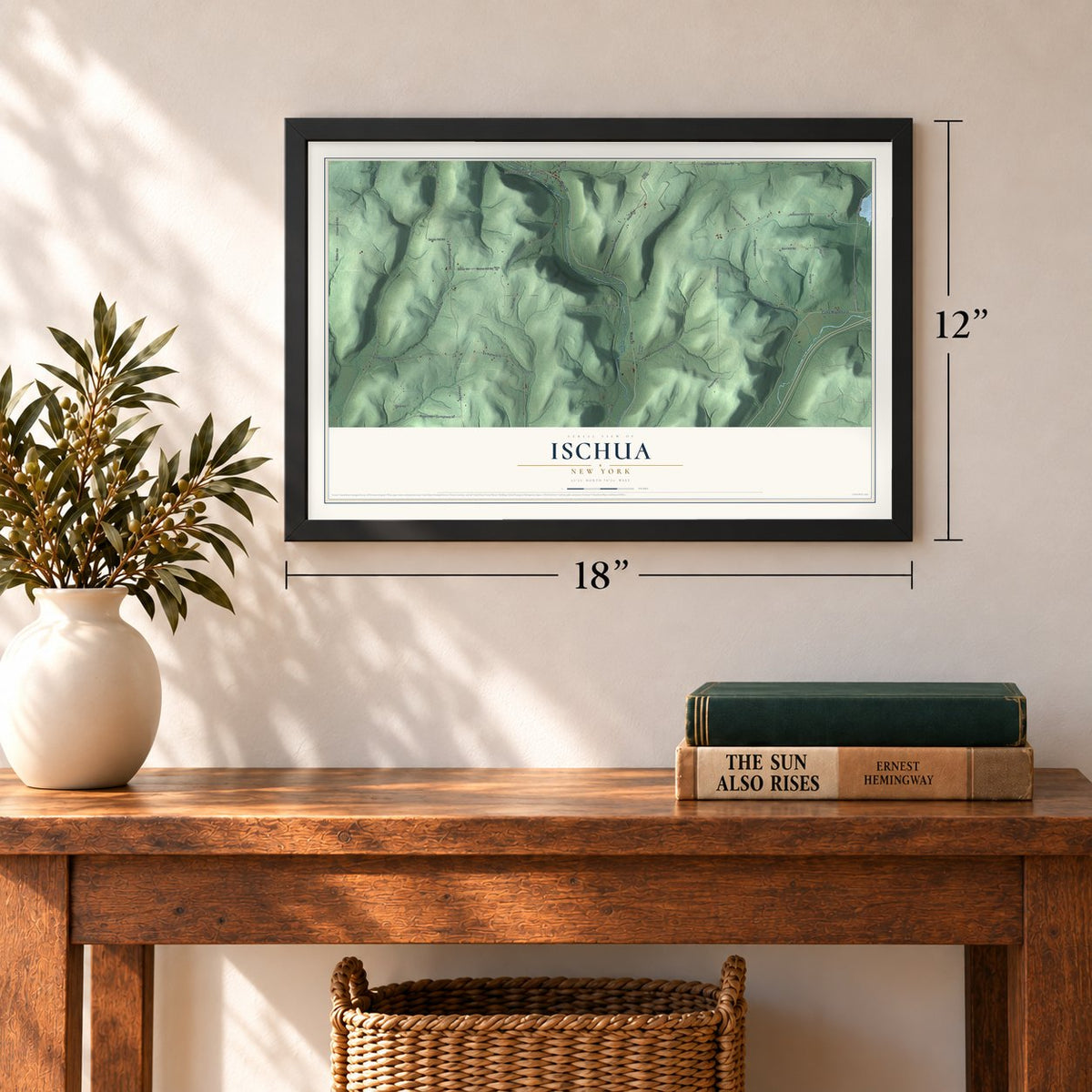 Ischua, New York map, 12 x 18 inch print in a black frame in an entryway