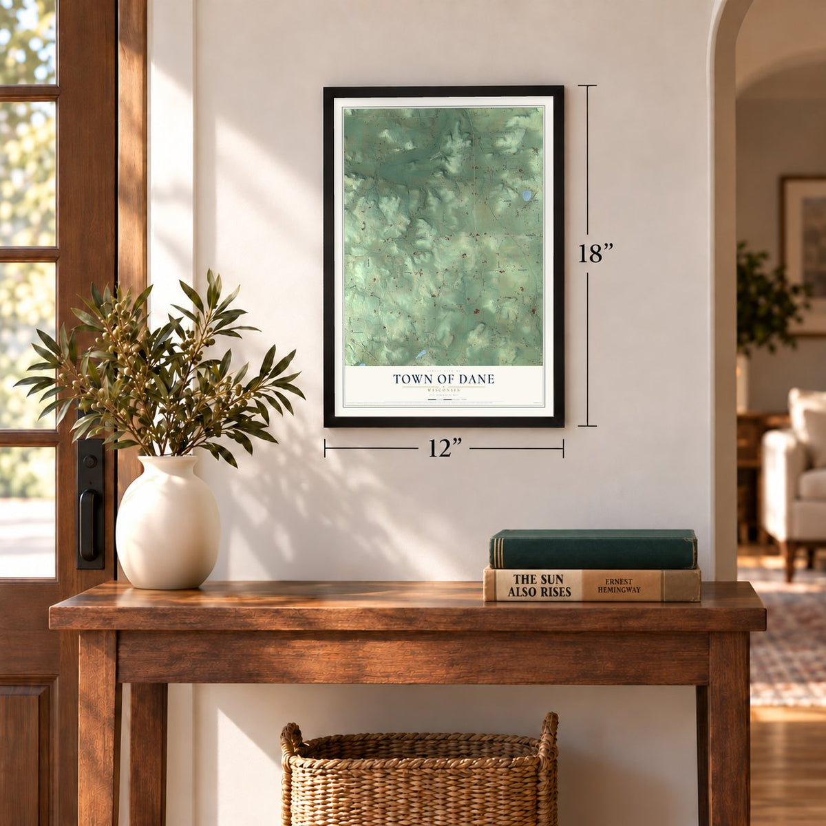 Town of Dane, Wisconsin map, 12 x 18 inch print in a black frame in an entryway
