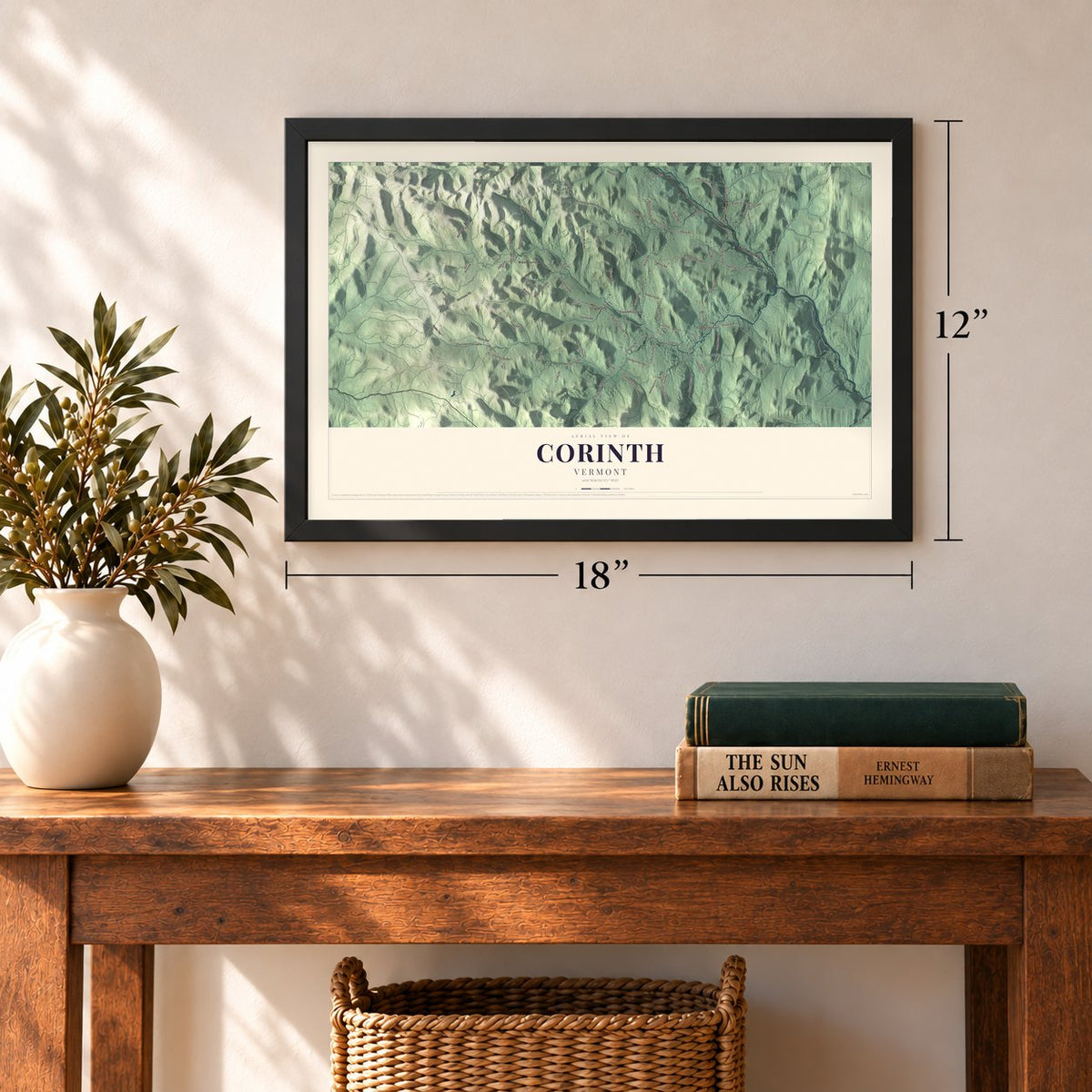 Corinth, Vermont map, 12 x 18 inch print in a black frame in an entryway
