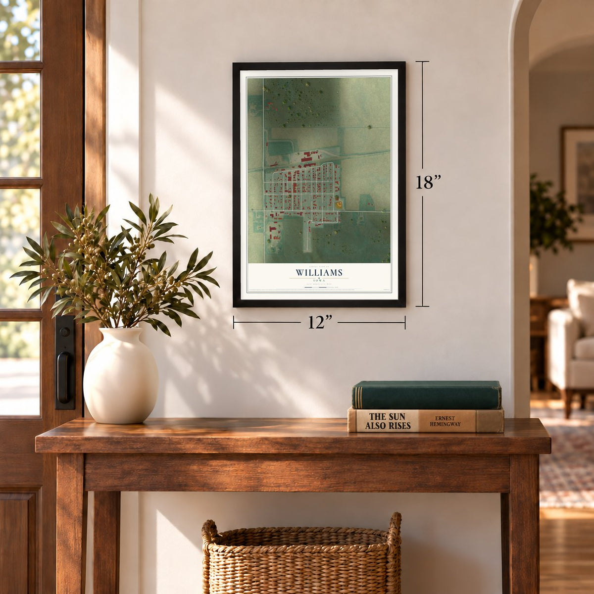 Williams, Iowa map, 12 x 18 inch print in a black frame in an entryway