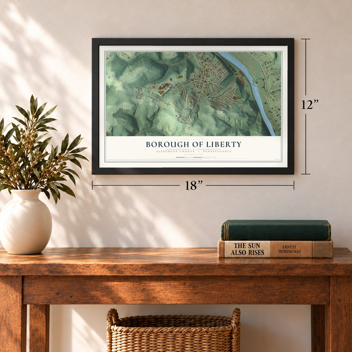 Borough of Liberty, Allegheny County, Pennsylvania map, 12 x 18 inch print in a black frame in an entryway