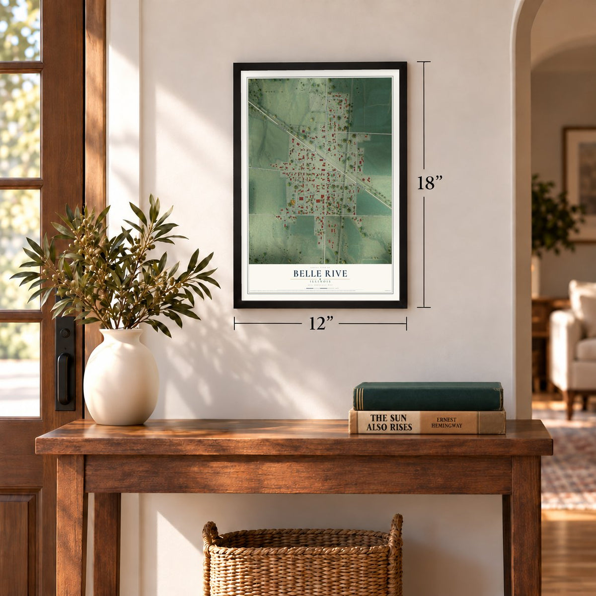 Belle Rive, Illinois map, 12 x 18 inch print in a black frame in an entryway