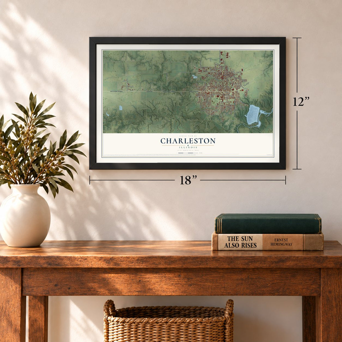 Charleston, Illinois map, 12 x 18 inch print in a black frame in an entryway