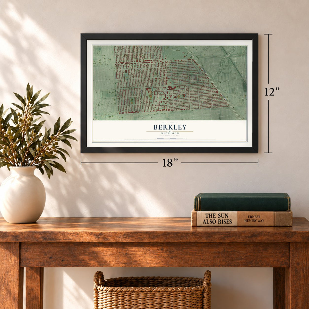 Berkley, Michigan map, 12 x 18 inch print in a black frame in an entryway