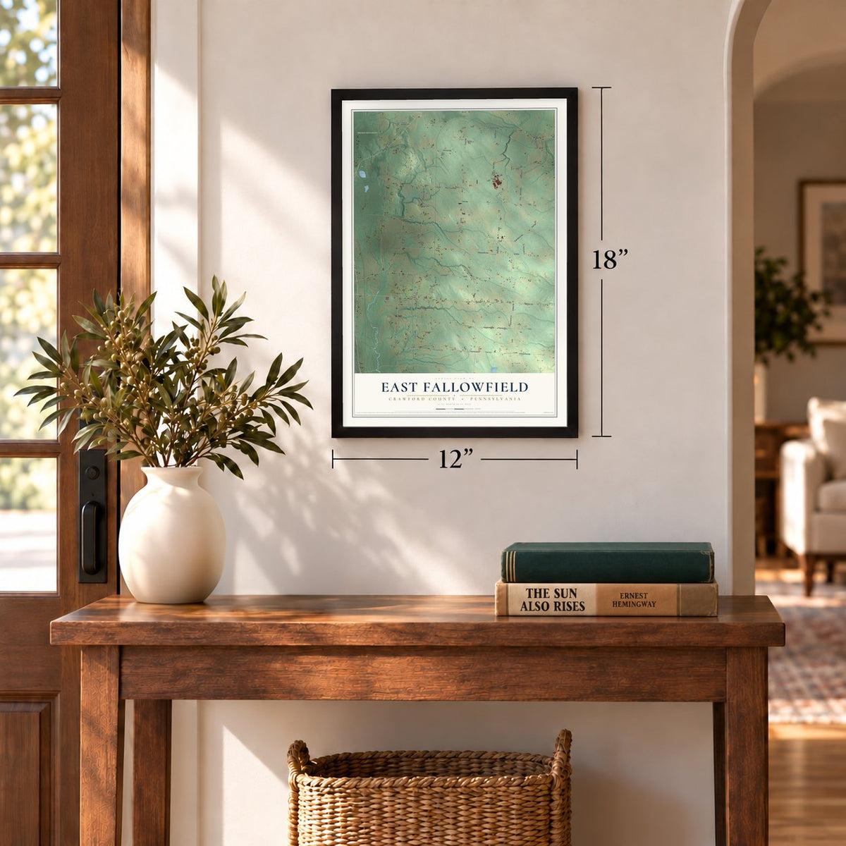 East Fallowfield, Crawford County, Pennsylvania map, 12 x 18 inch print in a black frame in an entryway