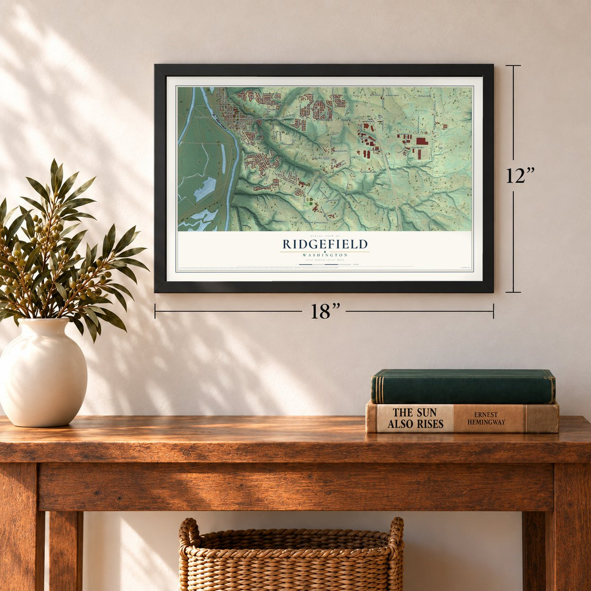 Ridgefield, Washington map, 12 x 18 inch print in a black frame in an entryway
