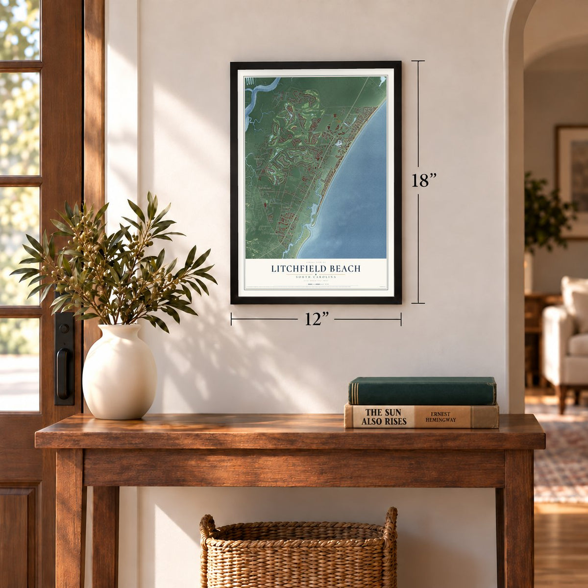 Litchfield Beach, South Carolina map, 12 x 18 inch print in a black frame in an entryway