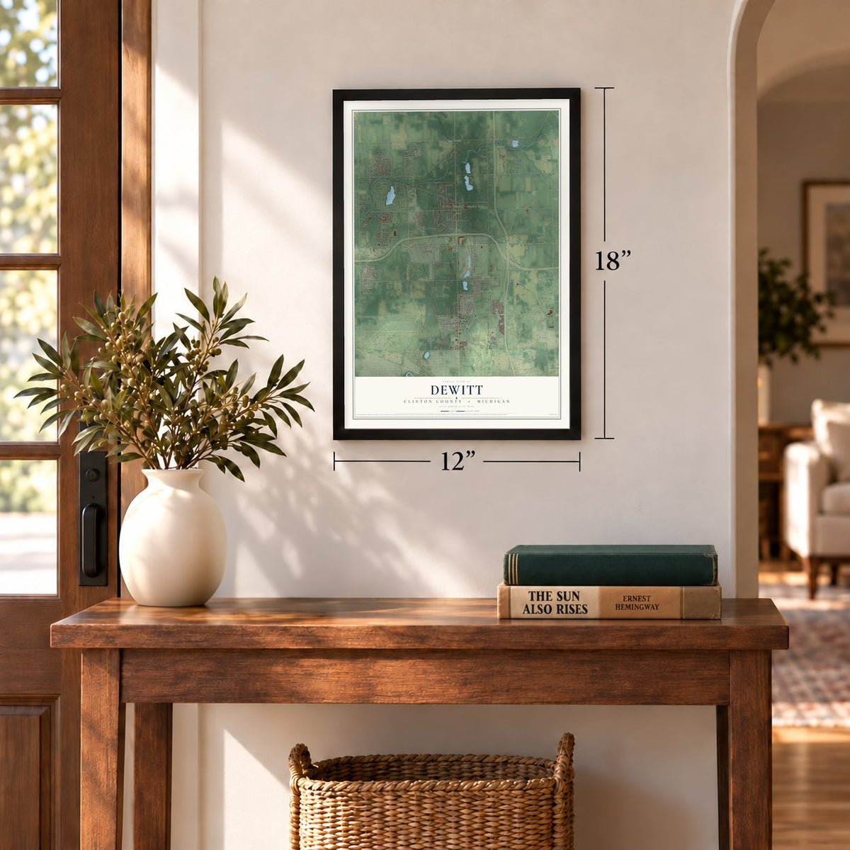 DeWitt, Clinton County, Michigan map, 12 x 18 inch print in a black frame in an entryway