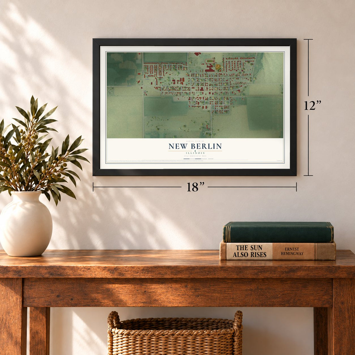 New Berlin, Illinois map, 12 x 18 inch print in a black frame in an entryway