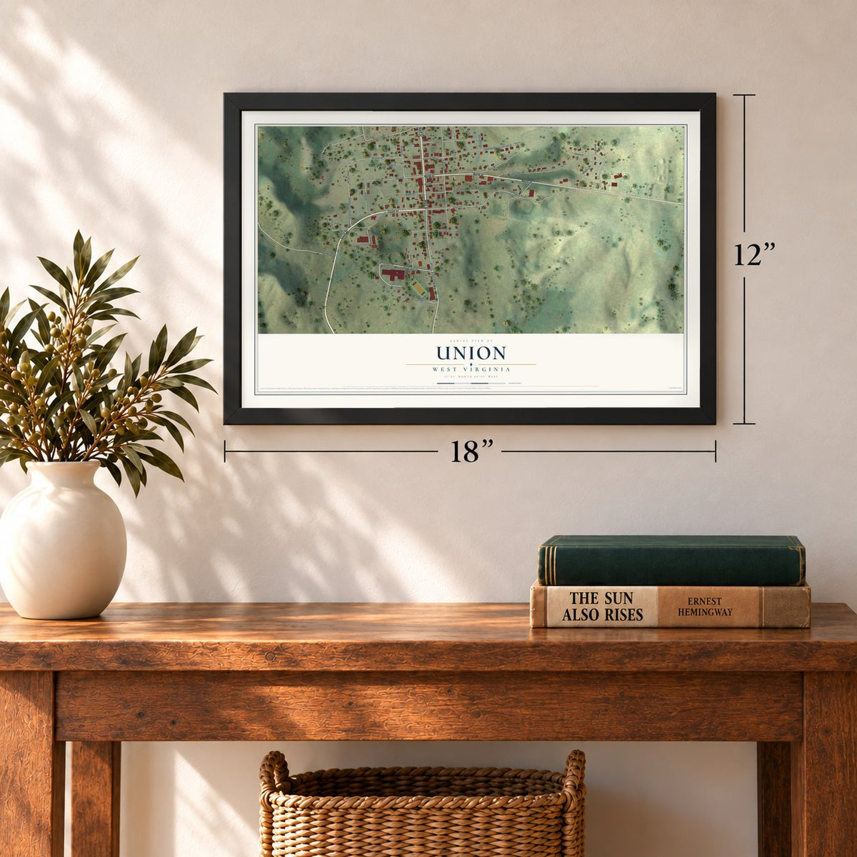 Union, West Virginia map, 12 x 18 inch print in a black frame in an entryway