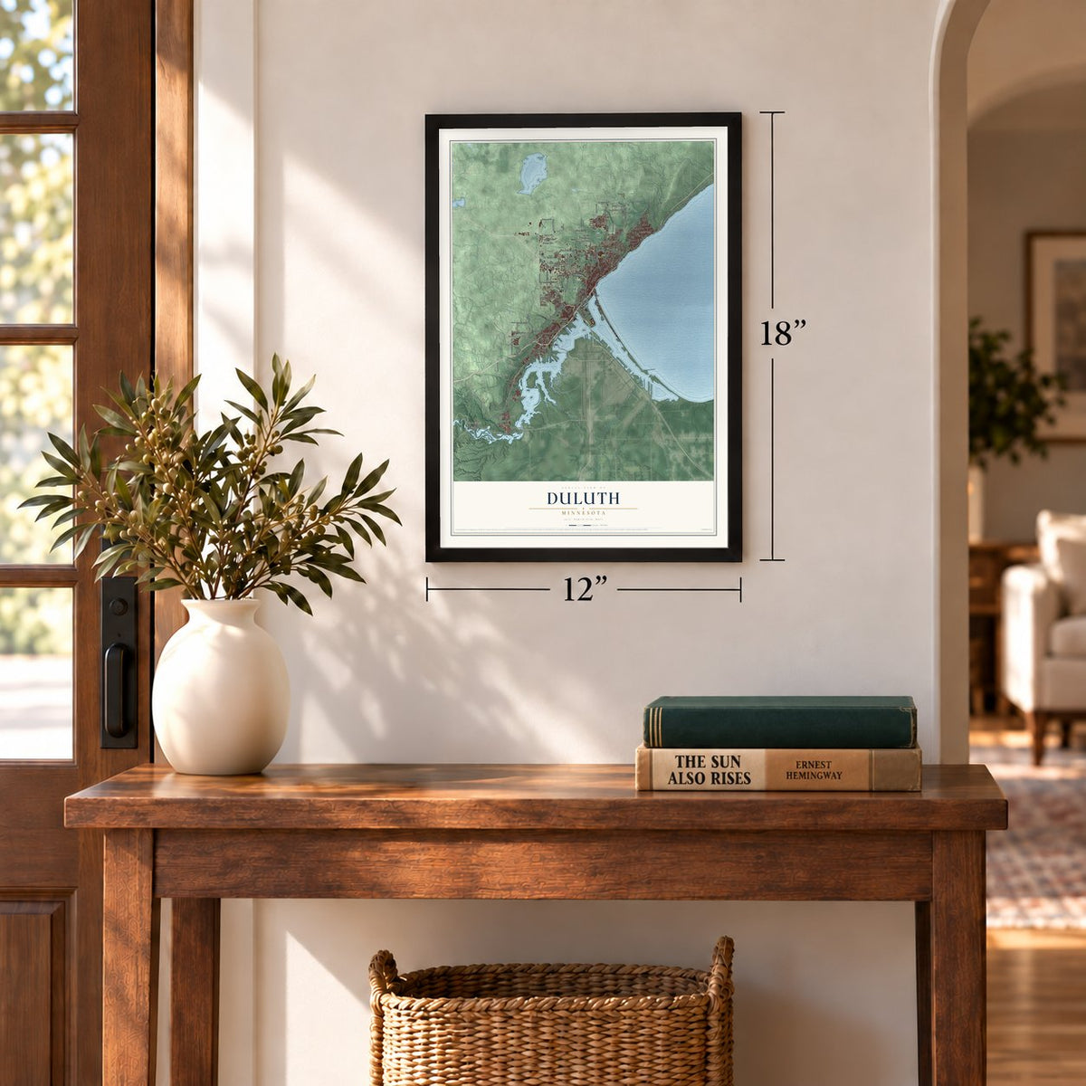 Duluth, Minnesota map, 12 x 18 inch print in a black frame in an entryway