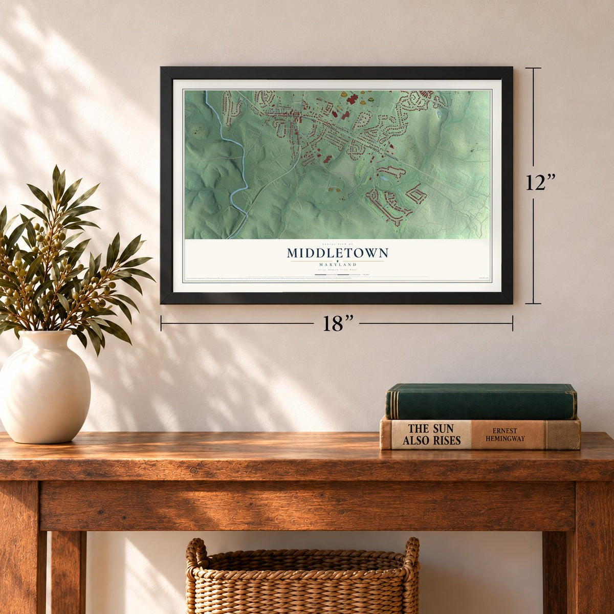 Middletown, Maryland map, 12 x 18 inch print in a black frame in an entryway