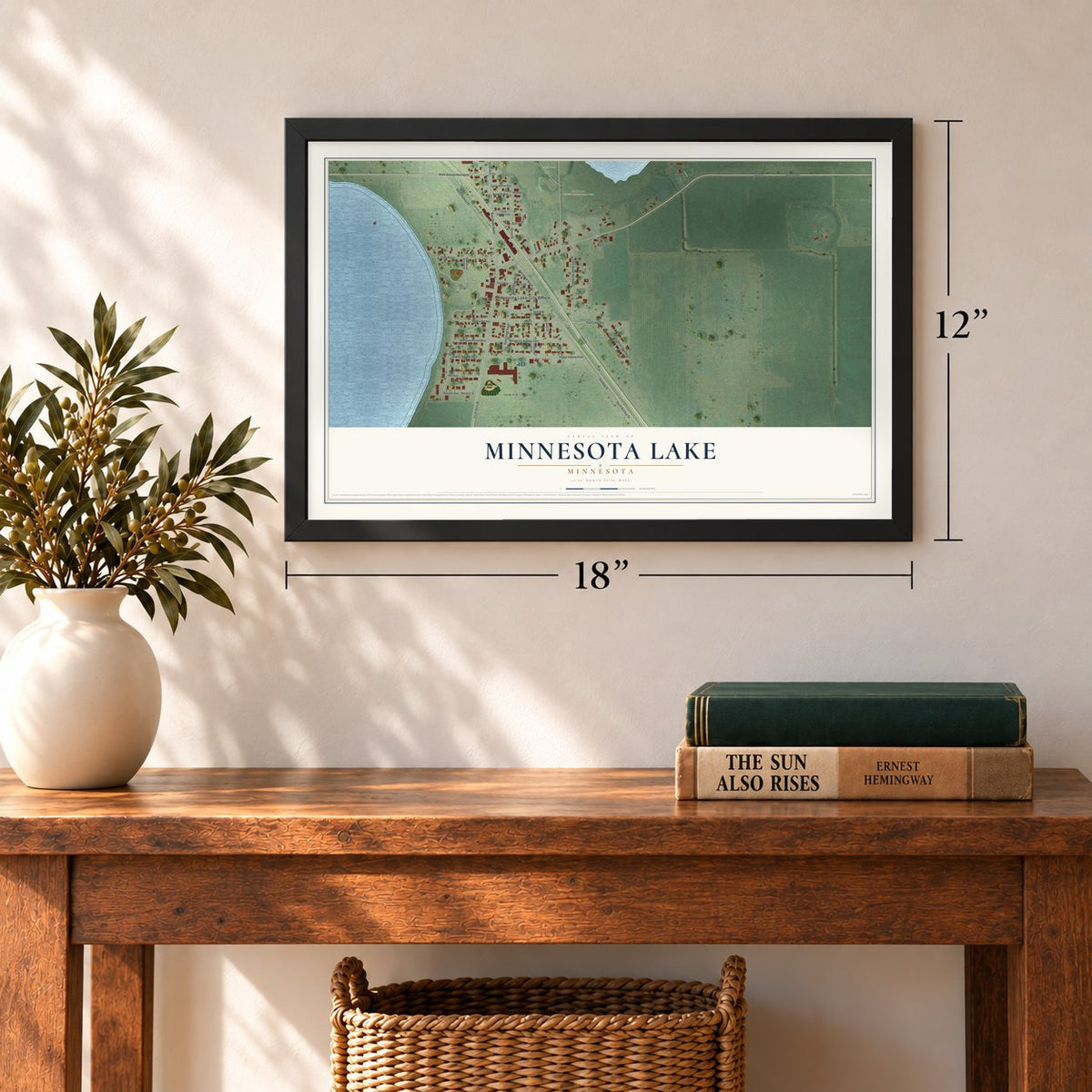 Minnesota Lake, Minnesota map, 12 x 18 inch print in a black frame in an entryway